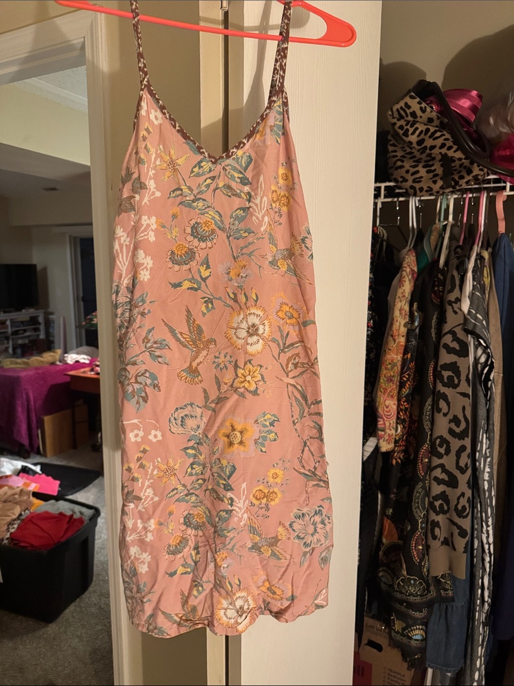 Cost Plus World Market Pink Floral Slip Dress with Yellow & Green Accents